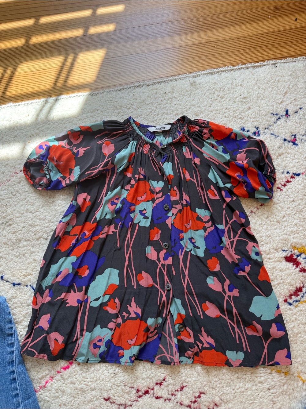 Tucker Black Floral Puff-Sleeve Tunic with Red, Purple & Teal Blooms